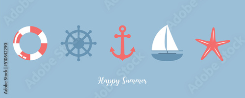 summer holiday banner marine design with with sailing boat shell and anchor