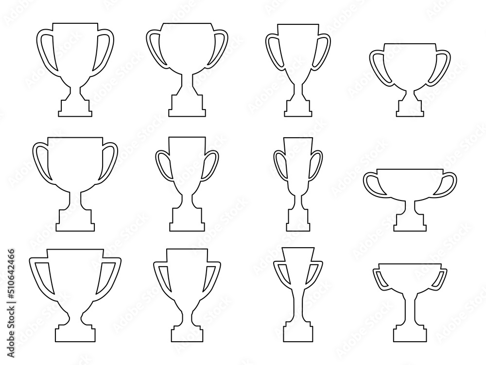 Award cup line set. Winning cups outline collection. Victory linear symbols. Vector illustration isolated on white. Award cup line set. Winning cups outline collection. Victory linear symbols. Vector illustration isolated on white.