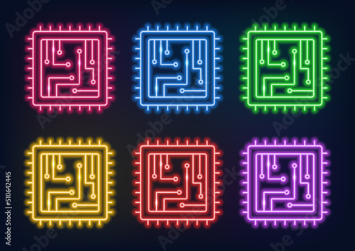 Neon chip. Set of multi-colored microchips. Technology.