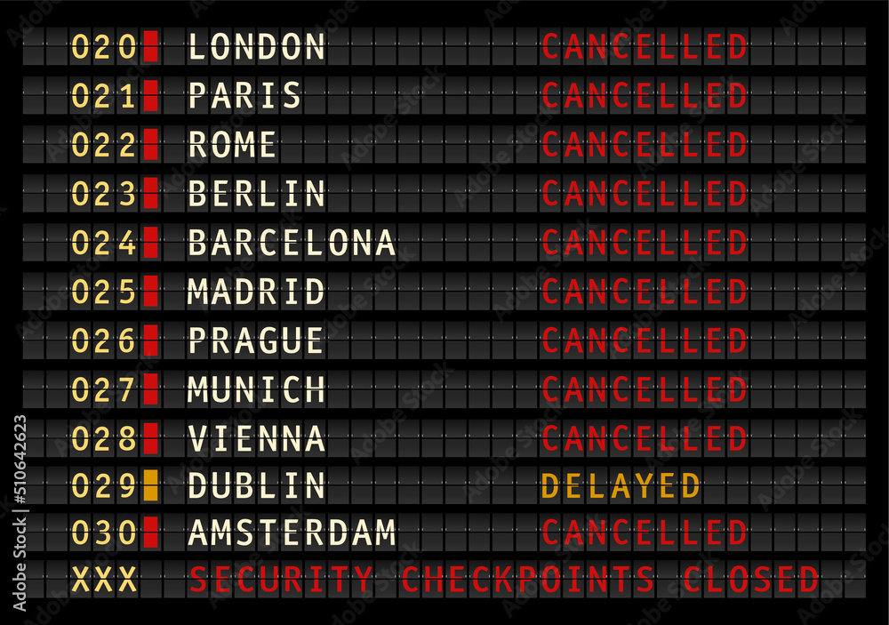 Fototapeta premium airport information display with security checkpoints closed message, cancelled and delayed flights, vector illustration