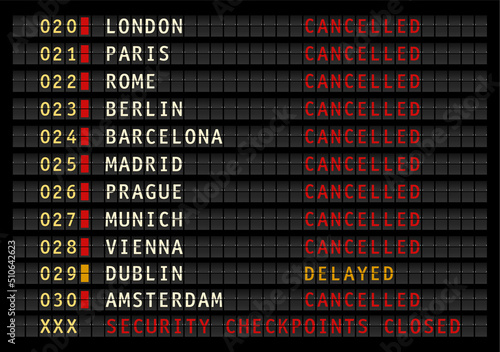 airport information display with security checkpoints closed message, cancelled and delayed flights, vector illustration