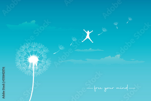 flying girl flies from dandelion in blue sky