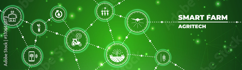 smart farm or agritech vector illustration. Banner with connected icons related to smart agriculture technology, digital iot farming methods and farm automation. 