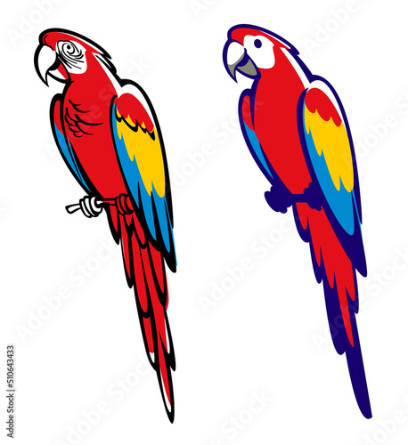 Cartoon parrot illustration of red yellow and blue colors macaw ara ararauna. Vector illustration.