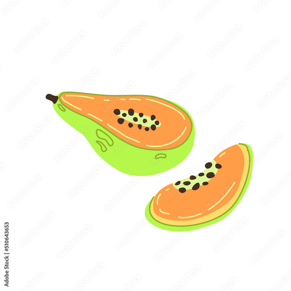 Papaya half with seeds. Cut piece of tropical fruit. Icon of exotic pawpaw drawn in doodle style. Papaw cross section, top view. Flat vector illustration isolated on white background Papaya half with seeds. Cut piece of tropical fruit. Icon of exotic pawpaw drawn in doodle style. Papaw cross section, top view. Flat vector illustration isolated on white background