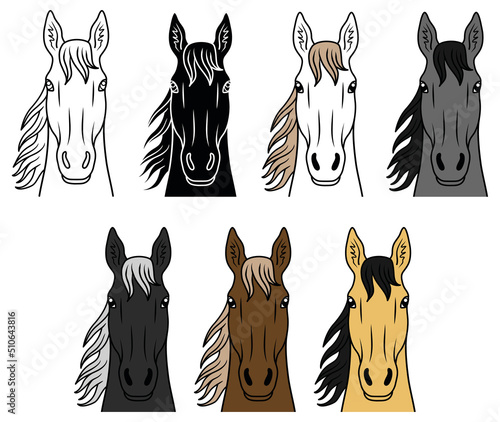 Horse Face / Head with Mane Clipart Set - Outline, Silhouette and Color