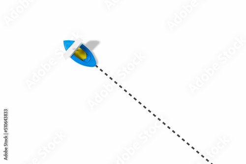 A boat with a white sail sails along the route on a white background. Top view, flat lay.
