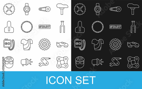 Set line Bicycle chain, shoes, fork, with gear, wheel, seat, sprocket crank and Ribbon finishing line icon. Vector
