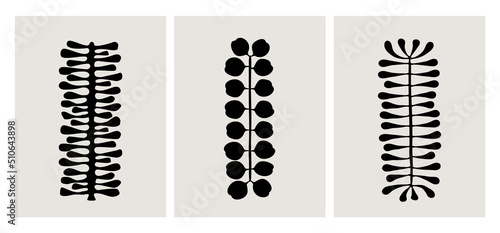 abstract geometric plants leaves, modern wall art graphic prints templates, ink foliage vector illustration