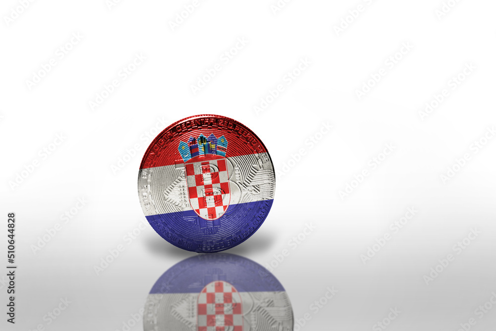 Naklejka premium bitcoin with the national flag of croatia on the white background. bitcoin mining concept.