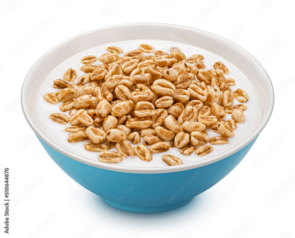 Puffed wheat cereal isolated on white background, honey air rice