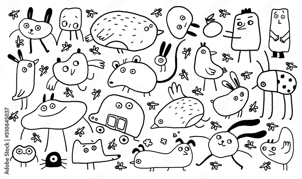 Funny doodle animals and hand drawn creatures collection with contour black line – vector