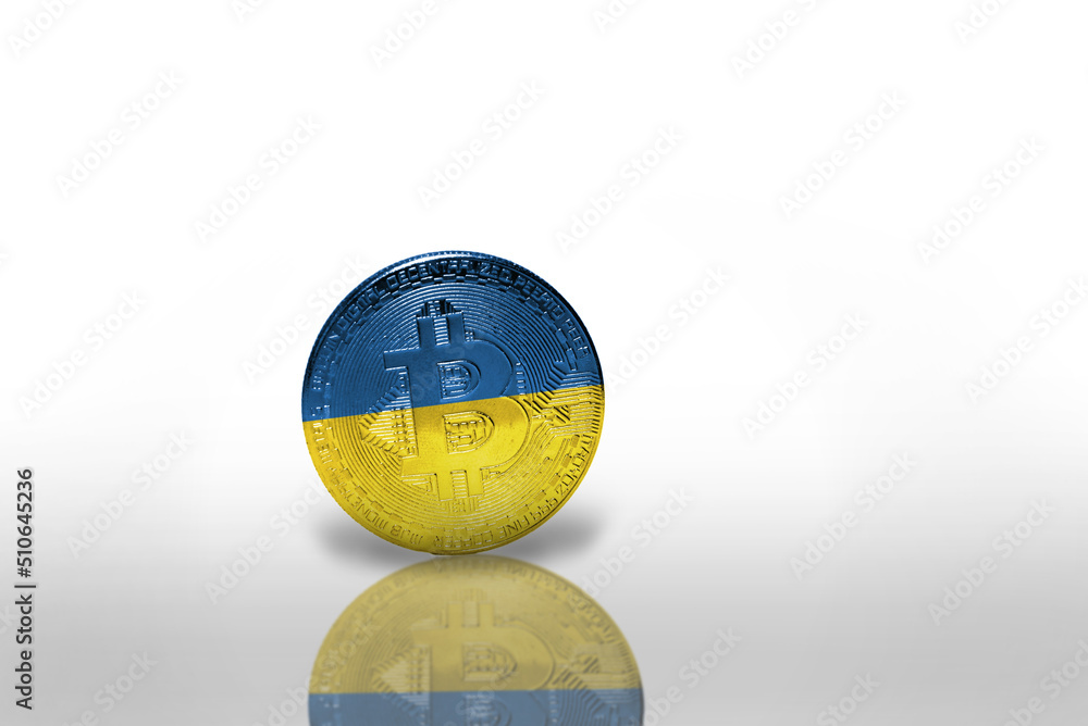 bitcoin with the national flag of ukraine on the white background. bitcoin mining concept.