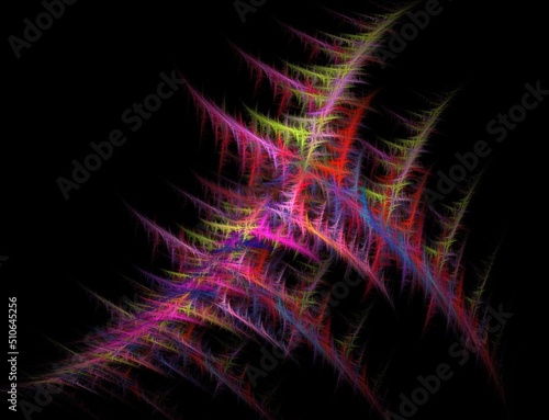 Multicolor glowing object on black background. Shiny neon fracta photo