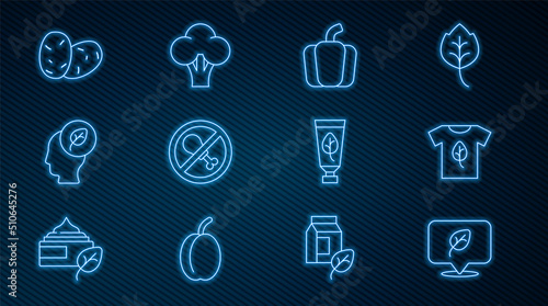 Set line Vegan food diet, shirt, Bell pepper, No meat, Human head with leaf inside, Potato, Organic cosmetic and Broccoli icon. Vector