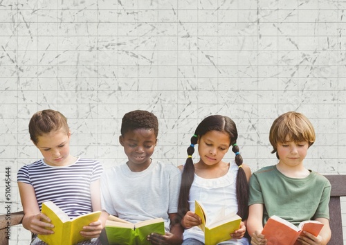 Group of diverse students reading books against textured white lined paper background