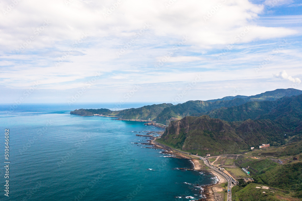 Fototapeta premium 13-Layer Remains (Remains of Copper Refinery) Aerial View in Yinyang Sea of Shuinandong, Ruifang District, New Taipei, Taiwan.