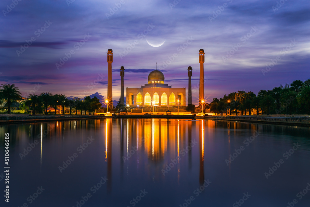 Landscape view during sunset with Mosque and reflections in the water Landscape view during sunset with Mosque and reflections in the water