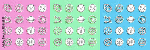 Set line Earth element, globe, Venus symbol, Neptune planet, Pisces zodiac, Star constellation, Comet and Planet Saturn icon. Vector