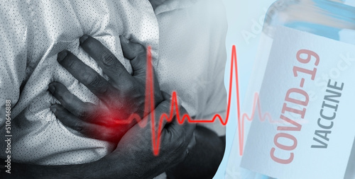 Adultman middle age suffering from chest pain side effect of covid-19 vaccinated. Myocarditis and Pericarditis after Receipt of mRNA COVID-19 Vaccines in Adults concept.
 photo