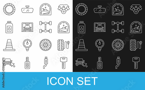 Set line Car key with remote, Tire pressure gauge, Motor gas, wash, Canister for motor machine oil, tire wheel and Chassis car icon. Vector