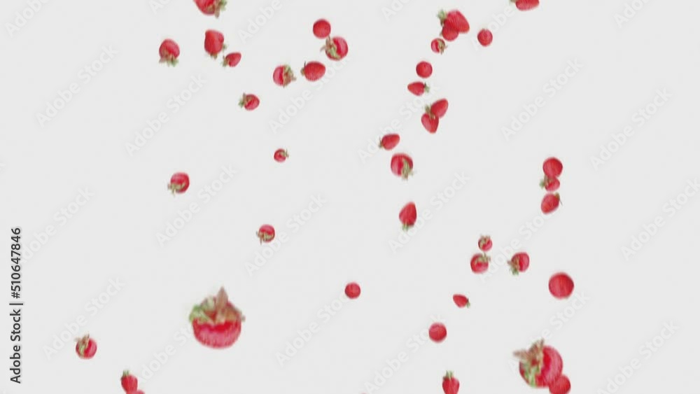 A rain of pouring fresh strawberries on a white backgroun A rain of pouring fresh strawberries on a white backgroun