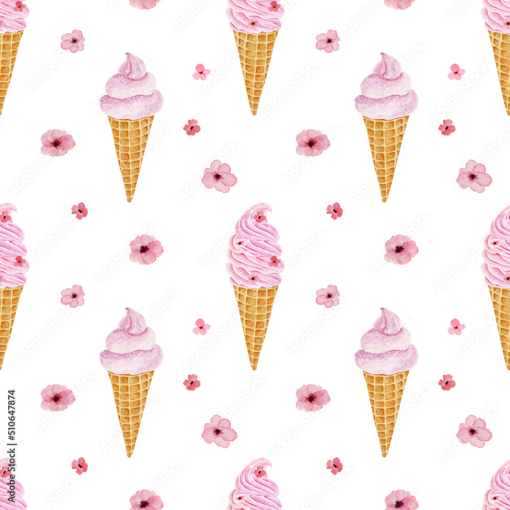 Seamless pattern with watercolor ice cream isolated on white background. Seamless pattern with watercolor ice cream isolated on white background.