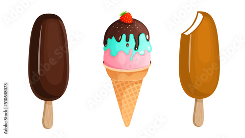 Ice cream set with chocolate, caramel icing and strawberries. Vector illustration of summer sweets.