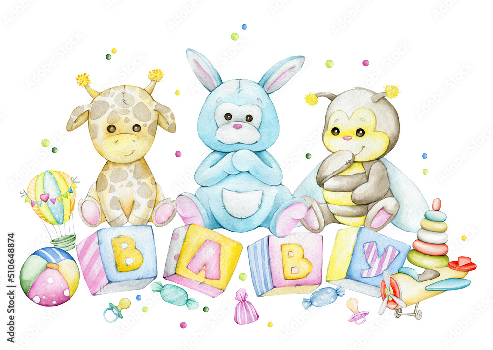 Kangaroo, bee, giraffe, cubes with letters, baby. children's toys. Watercolor clipart, in cartoon style, on an isolated background.