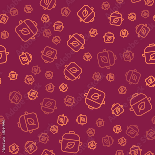 Brown line Vegan food diet icon isolated seamless pattern on red background. Organic, bio, eco symbol. Vegan, no meat, lactose free, healthy, fresh and nonviolent food. Vector