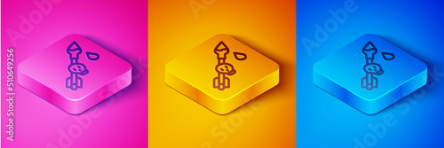 Isometric line Poison on the arrow icon isolated on pink and orange, blue background. Poisoned arrow. Square button. Vector