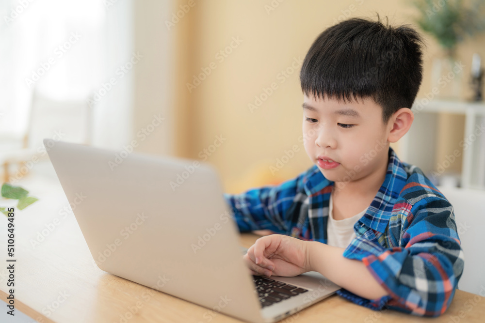 Handsome boy sitting in the classroom and doing homework. Looking at laptop and smile playing game. Learning, education and kindergarten concept. Back to school. Typing on the keyboard Handsome boy sitting in the classroom and doing homework. Looking at laptop and smile playing game. Learning, education and kindergarten concept. Back to school. Typing on the keyboard