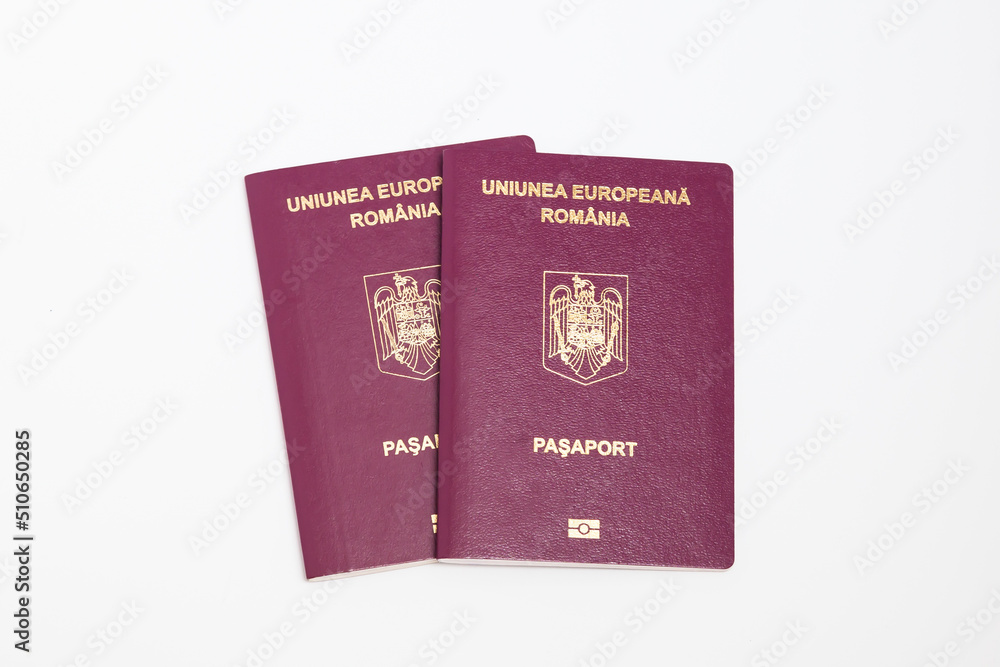 Romanian EU passport on a white background Romanian EU passport on a white background