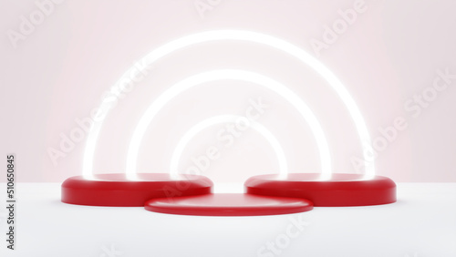 3D Cherry Red podium with 3 ring light background, Display product for promotion, Online commercial in digital platform -3D rendering