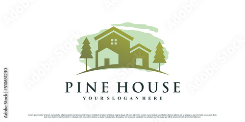 Pine tree and house logo design illustration with creative concept Premium Vector