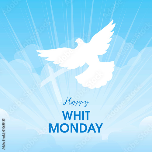 Happy Whit Monday vector. Holy Spirit white dove on a heavenly background vector illustration. Christian feast design element. Important day