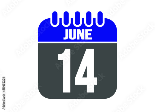 Calendar day 14 June. Vector calendar icon for June days in blue and gray.