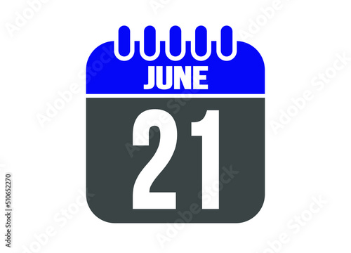 Calendar day 21 June. Vector calendar icon for June days in blue and gray.