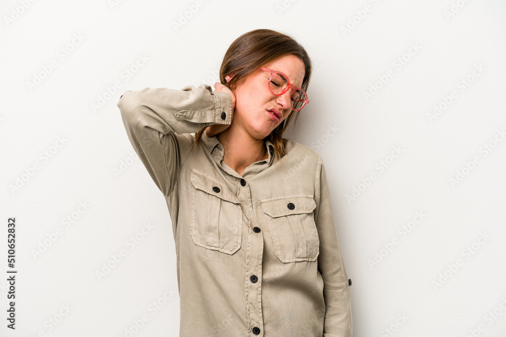 Young caucasian pregnant woman isolated on white background suffering neck pain due to sedentary lifestyle. Young caucasian pregnant woman isolated on white background suffering neck pain due to sedentary lifestyle.