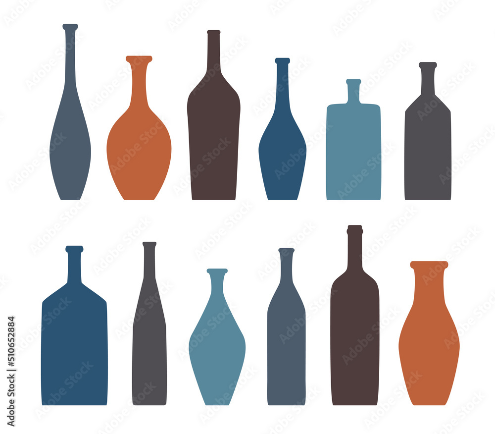 Vase and bottle silhouettes set. Different jugs and vessels silhouette collection. Various forms and shapes of vases. Clay ceramic or grass bottles set. Isolated vector Vase and bottle silhouettes set. Different jugs and vessels silhouette collection. Various forms and shapes of vases. Clay ceramic or grass bottles set. Isolated vector