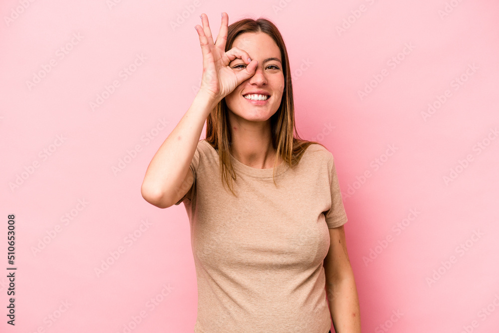 Young caucasian pregnant woman isolated on white background excited keeping ok gesture on eye. Young caucasian pregnant woman isolated on white background excited keeping ok gesture on eye.