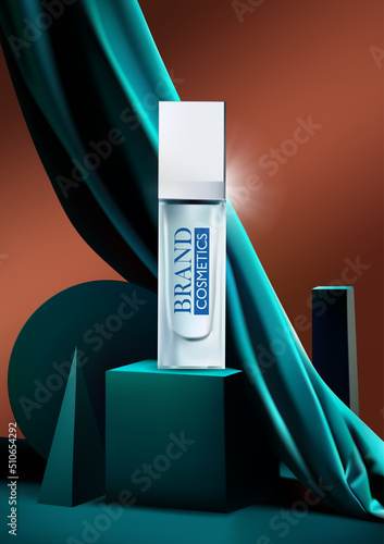Product cosmetic ad on podium with green silk fabric flow and geometric shapes . product presentation, mock up, show cosmetic product display