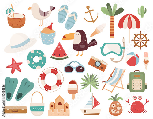 Cute Summer Stickers Set for daily planner. Collection of scrapbooking elements for beach party. Tropical vacation. Vector illustration isolated on white background