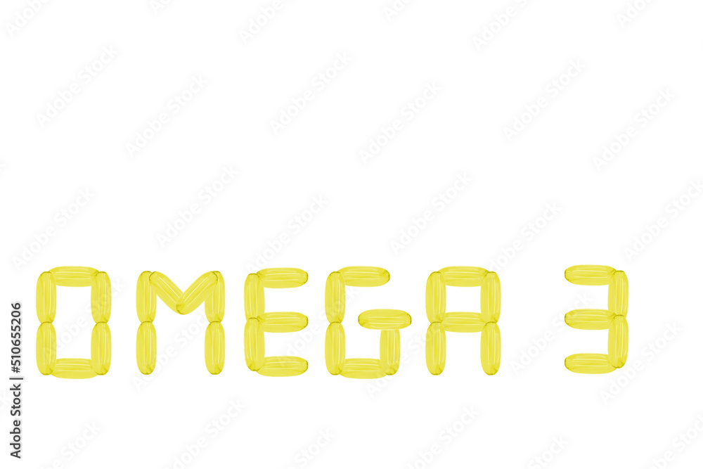 O3 symbol made with gelatin capsules with omega 3, isolated on white with space for text