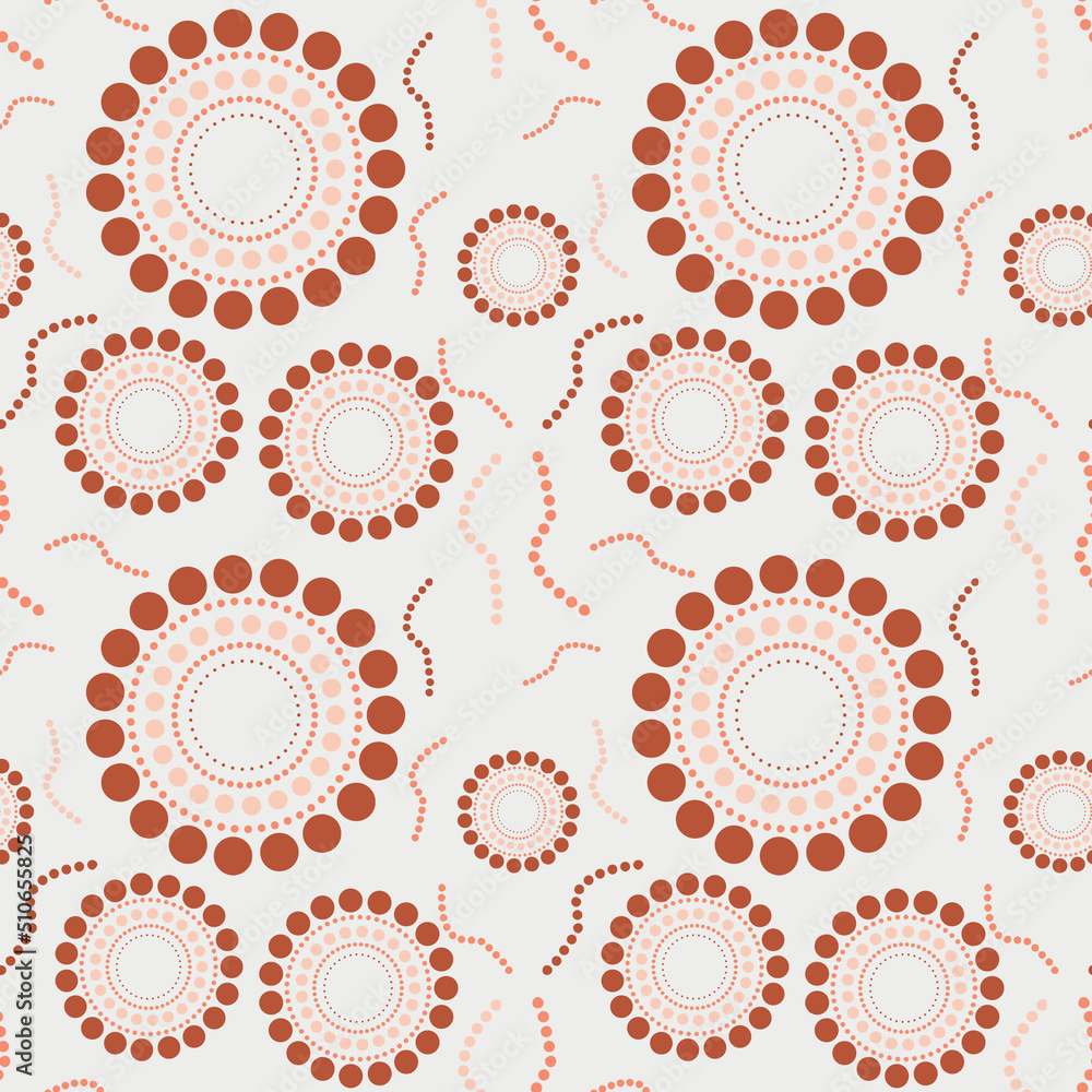 Circle dot seamless pattern coral terra cotta, peach and beige colors with dotted squizzles. The circles look like flowers in this background. Circle dot seamless pattern coral terra cotta, peach and beige colors with dotted squizzles. The circles look like flowers in this background.