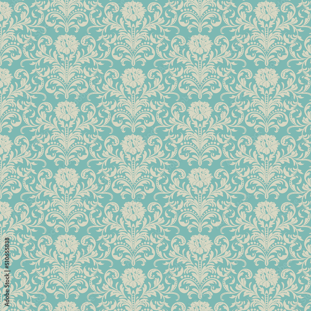 Floral fancy aqua and beige pattern background with a vintage retro vibe.
