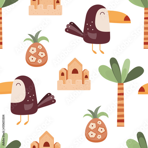 Summer Beach Seamless Pattern with tropical elements – cute toucan, sand castle, palm tree. Vector Illustration.
