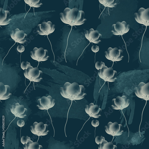 Pretty beige floral navy blue background with wispy light flowers and watercolor splats in this pattern background.