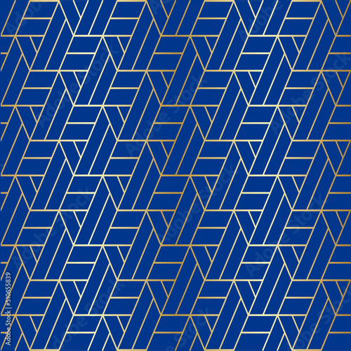 Geometric line pattern gold and indigo blue background.