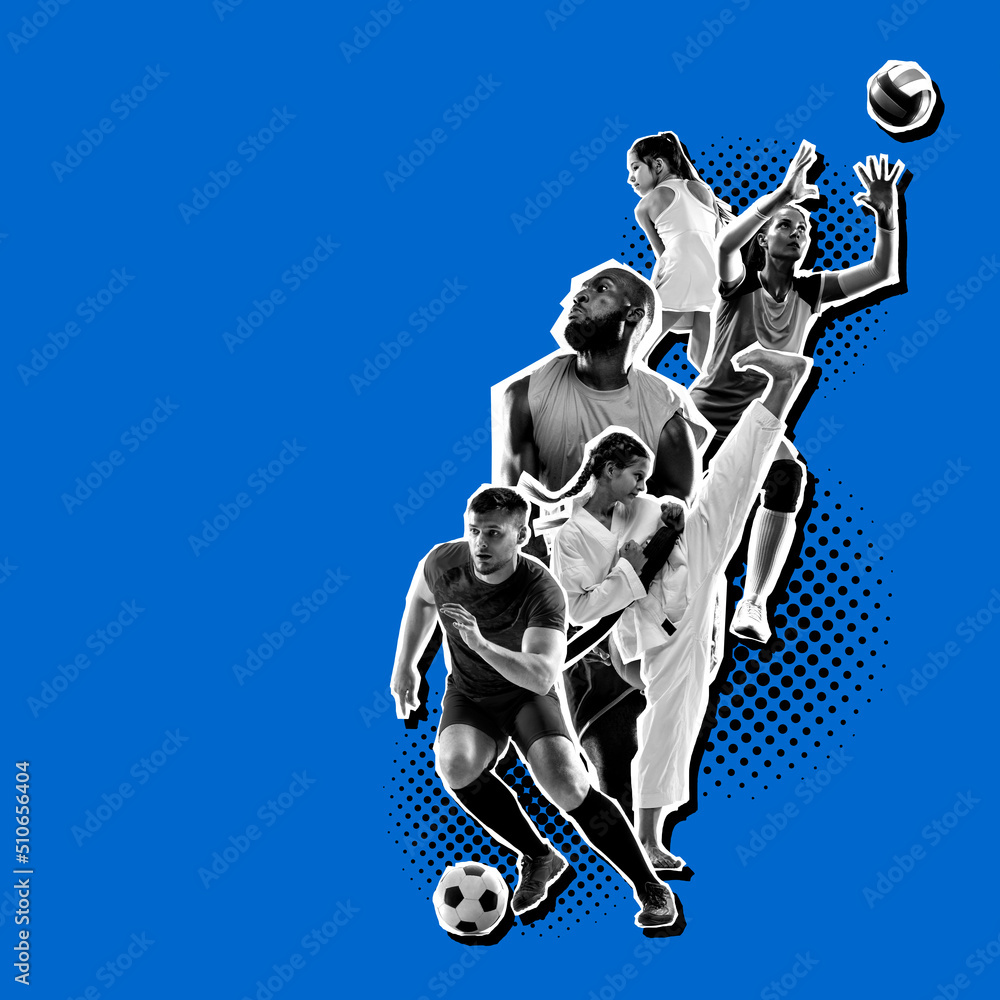 Obraz premium Basketball, volleyball, tennis, soccer and hockey players. Sport collage. Poster graphics. Sportive people isolated on blue background.